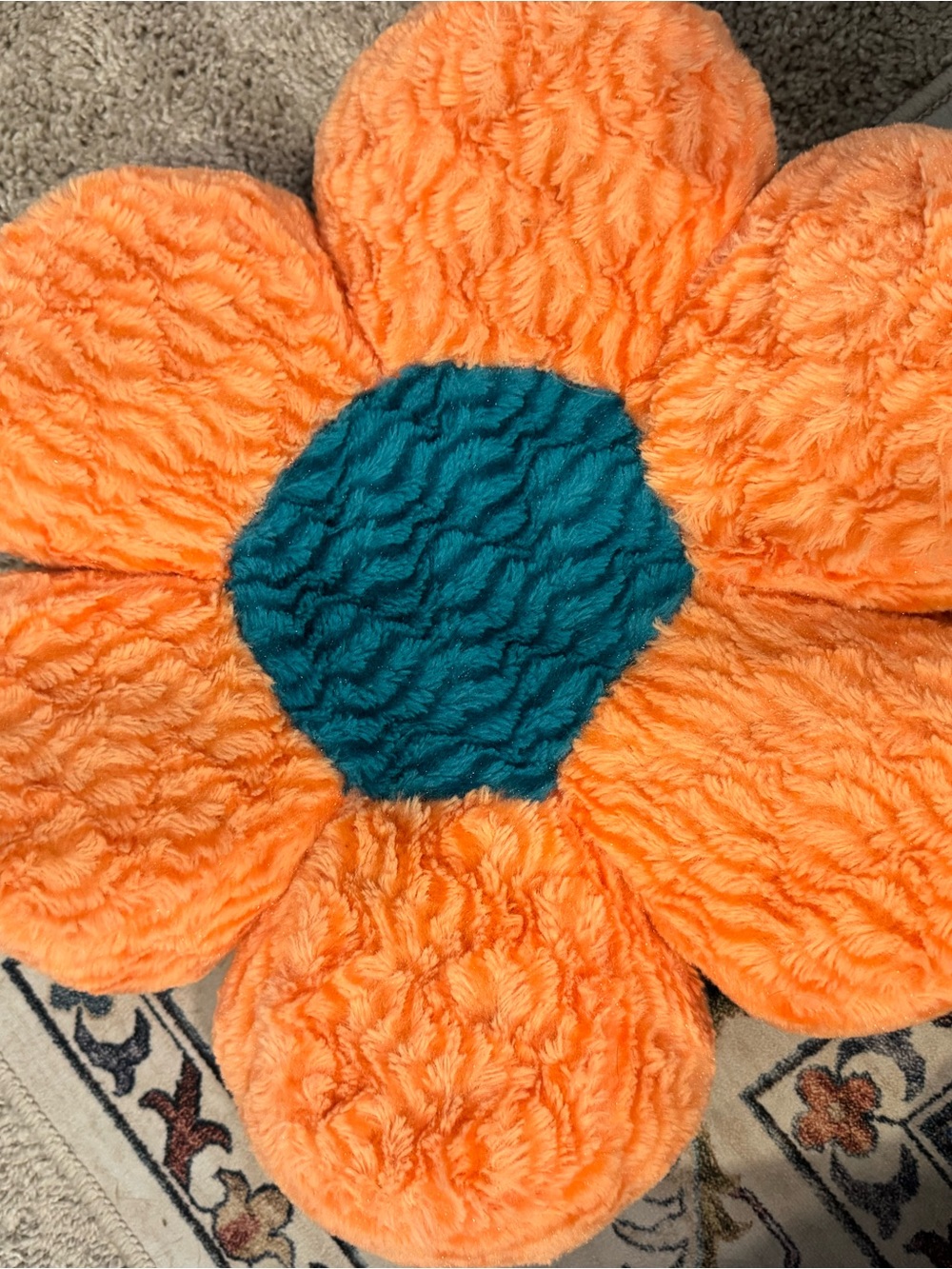 Plush Orange Flower Decorative Pillow with Teal Center